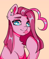 Size: 3442x4096 | Tagged: safe, artist:lukrxx, derpibooru import, pinkie pie, earth pony, pony, chest fluff, ear piercing, earring, jewelry, lidded eyes, looking at you, piercing, pinkamena diane pie, smiling, solo