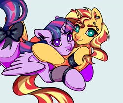 Size: 4096x3459 | Tagged: safe, artist:lukrxx, derpibooru import, sunset shimmer, twilight sparkle, twilight sparkle (alicorn), alicorn, pony, unicorn, bow, cuddling, ear piercing, earring, female, jewelry, lesbian, looking at you, piercing, shipping, smiling, spread wings, sunsetsparkle, tail bow, wings