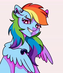 Size: 3524x4096 | Tagged: safe, artist:lukrxx, derpibooru import, rainbow dash, pegasus, pony, ear piercing, earring, grin, jewelry, lidded eyes, looking at you, piercing, smiling, solo, spread wings, wings