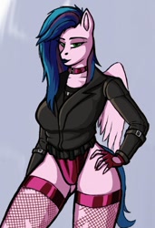 Size: 740x1080 | Tagged: safe, artist:dasblutbad, derpibooru import, oc, oc only, anthro, pegasus, choker, clothes, female, fingerless gloves, fishnet stockings, gloves, jacket, lidded eyes, looking at you, mare, panties, shirt, spread wings, torn clothes, underwear, wings