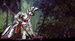 Size: 1980x1080 | Tagged: safe, artist:shamziwhite, derpibooru import, zecora, anthro, unguligrade anthro, zebra, alternate timeline, breasts, chrysalis resistance timeline, ear piercing, earring, female, forest, hunting, jewelry, loincloth, muscles, neck rings, piercing, resistance leader zecora, solo, spear, stripes, tribal, wallpaper, weapon