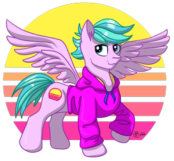 Size: 3334x3083 | Tagged: safe, artist:olificus, derpibooru import, oc, oc only, oc:tranquil neon, pegasus, pony, clothes, commission, high res, hoodie, male, original art, pegasus oc, simple background, solo, spread wings, stallion, sweatshirt, transparent background, vaporwave, wings