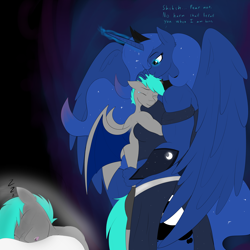 Size: 4000x4000 | Tagged: safe, artist:astrum, derpibooru import, princess luna, oc, alicorn, anthro, bat pony, abstract background, amazon, biceps, canon x oc, clothes, comforting, crown, crying, deltoids, dialogue, digital art, dream, dream walker luna, dress, duo, ethereal mane, ethereal tail, eyes closed, female, flowing mane, glowing eyes, glowing horn, guardluna, hand on head, height difference, horn, hug, jewelry, larger female, lidded eyes, male, mare, muscles, muscular female, night guard, nightmare, onomatopoeia, princess muscle moona, protecting, regalia, royal guard, shipping, side slit, size difference, sleeping, smaller male, smiling, sound effects, stallion, straight, underwear, wings, zzz