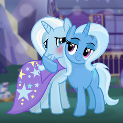 Size: 2000x2000 | Tagged: safe, artist:grapefruitface1, derpibooru import, trixie, oc, oc:grapefruit face, pony, unicorn, blushing, canon x oc, cape, clothes, duo, female, grapexie, hug, looking at each other, male, outdoors, paint on fur, prequel, shipping, standing, straight, trixie's cape, trixie's wagon