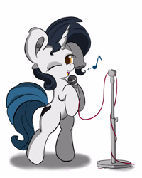 Size: 2000x2500 | Tagged: safe, artist:hisp, derpibooru import, oc, oc only, oc:cain, pony, unicorn, bipedal, cute, female, high res, looking at you, microphone, music notes, one eye closed, open mouth, simple background, singing, smiling, solo, white background, wink, winking at you
