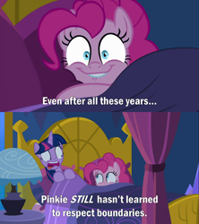 Size: 2000x2249 | Tagged: safe, derpibooru import, edit, edited screencap, screencap, pinkie pie, twilight sparkle, twilight sparkle (alicorn), alicorn, earth pony, pony, spoiler:cakes for the memories, spoiler:mlp friendship is forever, bed, bedroom, cakes for the memories, comic, creepy, duo, duo female, female, lamp, lip bite, mare, open mouth, personal space invasion, pillow, pinkie pie is watching you, screaming, screencap comic, shocked, shrunken pupils, smiling, solo, twilight's castle