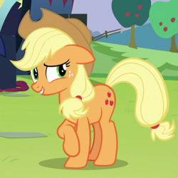 Size: 575x575 | Tagged: safe, derpibooru import, screencap, applejack, earth pony, pony, the mane attraction, applejack's hat, clothes, cowboy hat, cropped, cute, ears, female, floppy ears, hat, jackabetes, mare, smiling, solo, teeth