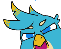 Size: 414x334 | Tagged: safe, artist:jargon scott, gallus, griffon, angry, frown, head only, lidded eyes, looking at you, male, open mouth, simple background, solo, white background