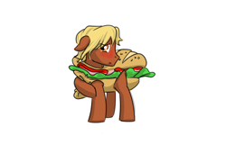 Size: 1998x1446 | Tagged: safe, artist:compoundlift, oc, oc only, oc:lamon, pony, /mlp/, blushing, clothes, costume, embarrassed, food, food costume, fourcannon, hoof on leg, looking at you, male, raised hoof, raised leg, sandwich, simple background, stallion, white background