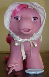 Size: 383x600 | Tagged: safe, derpibooru import, earth pony, g1, bonnet, brush, pacifier, photo, sweet dreams, toy, wat