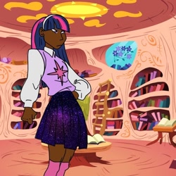 Size: 1000x1000 | Tagged: safe, artist:11_corpse_11, derpibooru import, twilight sparkle, human, book, bookshelf, clothes, dark skin, female, golden oaks library, hand on hip, humanized, indoors, skirt, socks, solo