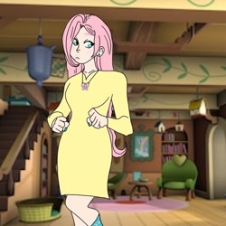 Size: 1000x1000 | Tagged: safe, artist:11_corpse_11, derpibooru import, fluttershy, human, clothes, dress, female, fluttershy's cottage (interior), humanized, indoors, jewelry, necklace, sofa, solo