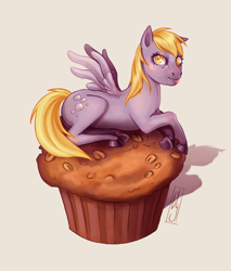 Size: 2550x3000 | Tagged: safe, artist:honeybuzz, artist:lilith-luxe, derpibooru import, derpy hooves, pegasus, pony, colored pupils, food, giant muffin, lying down, muffin, prone, simple background, solo, tongue out