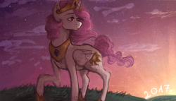 Size: 1518x866 | Tagged: safe, artist:burr-ito, derpibooru import, princess celestia, alicorn, pony, female, folded wings, jewelry, mare, outdoors, pink-mane celestia, raised hoof, raised leg, regalia, solo, sunrise, wings, younger