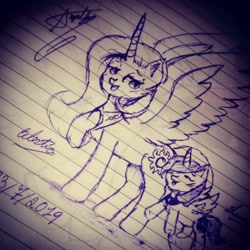 Size: 1080x1080 | Tagged: safe, artist:cats_drawings_cos, derpibooru import, princess celestia, princess luna, alicorn, pony, duo, female, filly, hoof on chest, horn, lined paper, mare, peytral, raised hoof, raised leg, siblings, signature, sisters, traditional art, wings, woona, younger