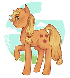 Size: 1280x1424 | Tagged: safe, artist:burr-ito, derpibooru import, applejack, earth pony, pony, hatless, missing accessory, solo