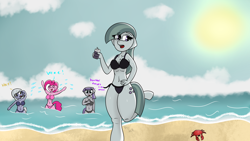Size: 1920x1080 | Tagged: safe, artist:inky scroll, derpibooru import, limestone pie, marble pie, maud pie, pinkie pie, anthro, crab, earth pony, unguligrade anthro, beach, bikini, breasts, busty pie sisters, clothes, drink, female, limestone pies, marble pies, maud pies, ocean, pinkie pies, summer, sweat, swimming, swimsuit