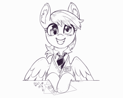 Size: 4109x3277 | Tagged: safe, artist:taytinabelle, derpibooru import, derpy hooves, pegasus, pony, black and white, clothes, crayon, crayon drawing, cute, derpabetes, dress shirt, ear fluff, ears, female, grayscale, grin, happy, looking at you, mare, monochrome, name tag, necktie, simple background, sketch, smiling, smiling at you, solo, spread wings, sweater, sweater vest, traditional art, vest, white background, wings