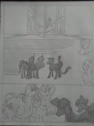 Size: 1944x2592 | Tagged: safe, artist:princebluemoon3, derpibooru import, oc, oc:king speedy hooves, oc:queen galaxia, oc:rainbow candy, oc:tommy the human, alicorn, earth pony, human, pegasus, pony, comic:sisterly silliness, alicorn oc, black and white, blushing, blushing profusely, canterlot, canterlot castle, castle, child, clothes, comic, commissioner:bigonionbean, cutie mark, dialogue, female, fusion, fusion:king speedy hooves, fusion:queen galaxia, fusion:rainbow candy, grayscale, horn, human oc, husband and wife, male, mare, monochrome, mounting, shadow, stallion, throne room, traditional art, unknown pony, unknown species, wings, writer:bigonionbean