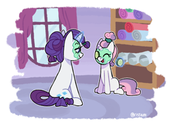 Size: 1280x943 | Tagged: safe, artist:risswm, derpibooru import, rarity, sweetie belle, pony, unicorn, carousel boutique, cucumber, cute, duo, eyes closed, female, filly, food, magic, mare, mud mask, open mouth, sibling bonding, siblings, sisters, sitting, telekinesis