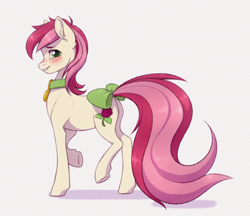 Size: 2244x1937 | Tagged: safe, artist:barlerd, derpibooru import, roseluck, earth pony, pony, blushing, bow, collar, commission, commissioner:doom9454, cute, cuteluck, female, long tail, looking at you, mare, pet collar, pet tag, pony pet, rosepet, simple background, solo, tail bow, white background
