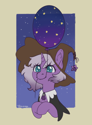 Size: 2181x2956 | Tagged: safe, artist:taytinabelle, derpibooru import, oc, oc only, oc:witching hour, pony, unicorn, balloon, cloak, clothes, cute, ear fluff, ears, female, happy, hat, hooves to the chest, mare, mouth hold, night, sky, smiling, solo, starry night, stars, witch, witch hat, wizard hat