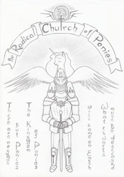 Size: 716x1024 | Tagged: safe, artist:kody wiremane, derpibooru import, alicorn, human, alternate universe, armor, black and white, concept, crepuscular rays, cuirass, duo, emblem, essay in description, eyes closed, faceless human, gauntlet, goddess, grayscale, greaves, headcanon, heart shaped, helmet, heraldic ribbon, hoof on shoulder, hoof shoes, horn, human world, knight, light rays, lore in description, mane, monochrome, pauldron, pencil drawing, plate armor, plume, religion, religious headcanon, smiling, sword, text, text in description, the radical church of ponies, traditional art, weapon, wings
