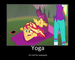 Size: 1075x860 | Tagged: safe, artist:thejboy88, derpibooru import, edit, edited screencap, screencap, rainbow dash, sunset shimmer, better together, equestria girls, wake up!, wake up!: rainbow dash, barefoot, feet, motivational poster, yoga