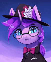 Size: 3029x3669 | Tagged: safe, artist:mrscroup, derpibooru import, oc, oc only, pony, unicorn, blue eyes, bowtie, clothes, ear fluff, ears, fangs, female, glasses, hat, looking at you, mare, slit eyes, solo