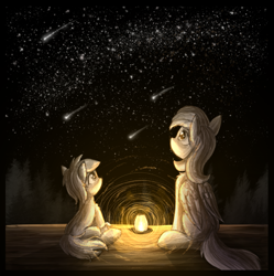 Size: 2079x2086 | Tagged: safe, artist:atlas-66, derpibooru import, rosy posy, sunshower raindrops, earth pony, pegasus, pony, duo, female, filly, lamp, light, mare, shooting star, stars, watching