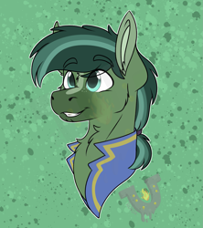 Size: 1479x1666 | Tagged: safe, artist:rokosmith26, derpibooru import, oc, oc only, earth pony, pony, blaze (coat marking), bust, chest fluff, clothes, coat markings, green eyes, looking up, male, ponytail, shirt, simple background, smiling, solo, stallion