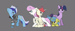 Size: 3000x1254 | Tagged: safe, artist:luneinspace, derpibooru import, lemon hearts, minuette, moondancer, twilight sparkle, twilight sparkle (alicorn), twinkleshine, alicorn, pony, unicorn, canterlot five, chromatic aberration, clothes, female, gray background, mare, simple background