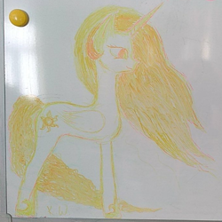 Size: 689x688 | Tagged: safe, artist:kody wiremane, derpibooru import, princess celestia, alicorn, cropped, cutie mark, ethereal mane, ethereal tail, hoof shoes, horn, incorrect color scheme, irl, low quality, mane, photo, tail, traditional art, whiteboard, wings