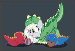 Size: 2500x1699 | Tagged: safe, artist:magerblutooth, derpibooru import, oc, oc only, oc:fossil fluster, earth pony, guinea pig, pony, ball, clothes, costume, dinosaur costume, gray background, kigurumi, pets, simple background