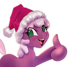 Size: 1388x1302 | Tagged: safe, artist:xbi, derpibooru import, cheerilee, earth pony, pony, christmas, hat, holiday, hoof fingers, looking at you, reaction image, santa hat, simple background, smiling, solo, sticker, suddenly hands, thumbs up, transparent background