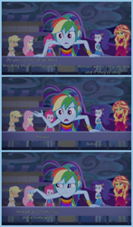 Size: 820x1390 | Tagged: safe, derpibooru import, edit, edited screencap, editor:knightoftheraven, screencap, applejack, fluttershy, pinkie pie, rainbow dash, rarity, sunset shimmer, equestria girls, equestria girls series, spring breakdown, spoiler:eqg series (season 2), bracelet, braid, closed mouth, clothes, comic, dress, english, eyebrows down, female, frown, geode of super speed, guilt, humane five, implied adagio dazzle, implied sonata dusk, jewelry, magical geodes, open mouth, ponytail, railing, raised arm, raised hand, screencap comic, sleeveless, sleeveless dress, so close, stormcloud, sympathy for the devil, worry, yacht
