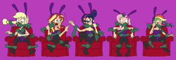 Size: 2538x864 | Tagged: safe, artist:bugssonicx, derpibooru import, applejack, fluttershy, rainbow dash, sci-twi, sunset shimmer, twilight sparkle, equestria girls, armchair, biting, bunny ears, bunny suit, clothes, costume, gagging, ghostbusters, human coloration, leotard, pantyhose, restrained, stocking feet