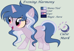 Size: 1280x881 | Tagged: safe, artist:lominicinfinity, derpibooru import, oc, oc:evening harmony, pony, unicorn, female, filly, reference sheet, simple background, solo