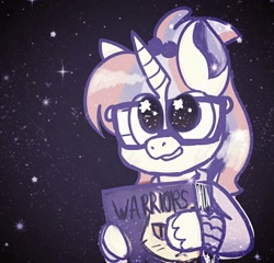 Size: 1080x1036 | Tagged: safe, artist:kusochekcat, derpibooru import, moondancer, pony, unicorn, book, holding, solo, space, starry eyes, stars, warrior cats, wingding eyes