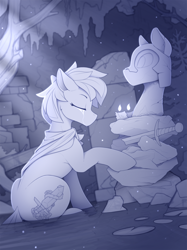 Size: 1700x2277 | Tagged: safe, artist:yakovlev-vad, derpibooru import, oc, oc only, pony, candle, crying, eyes closed, grayscale, monochrome, sitting, statue, sword, tree, weapon