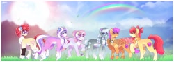 Size: 4096x1477 | Tagged: safe, artist:aaa-its-spook, derpibooru import, apple bloom, diamond tiara, scootaloo, silver spoon, sweetie belle, twist, earth pony, pegasus, pony, unicorn, cutie mark crusaders, female, glasses, goggles, grin, jewelry, mare, necklace, older, older apple bloom, older cmc, older diamond tiara, older scootaloo, older silver spoon, older sweetie belle, older twist, outdoors, rainbow, shawl, smiling, sms