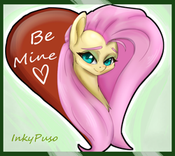 Size: 1280x1138 | Tagged: safe, artist:inkypuso, derpibooru import, fluttershy, pegasus, pony, be mine, bushy brows, bust, chest fluff, cute, female, heart, holiday, looking at you, mare, outline, portrait, shyabetes, smiling, solo, stray strand, three quarter view, valentine's day, white outline