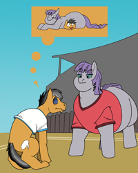 Size: 1170x1465 | Tagged: safe, derpibooru import, maud pie, quibble pants, earth pony, pony, common ground, duo male and female, fat, female, male, mare, maud pudge, obese, sitting on, sitting on pony, stallion, thought bubble, tumblr:ask fat maud pie, worried