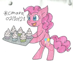 Size: 1036x888 | Tagged: safe, artist:cmara, derpibooru import, pinkie pie, earth pony, pony, bipedal, cupcake, female, food, hoof hold, mare, open mouth, raised hoof, raised leg, simple background, solo, traditional art, tray, white background
