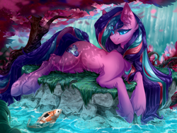 Size: 4700x3525 | Tagged: safe, artist:rico_chan, derpibooru import, oc, oc only, oc:serenity pond, earth pony, fish, pony, background, carp, cherry blossoms, commission, female, flower, flower blossom, koi, long hair, mare, prone, smiling, solo, stone, tree, water, waterfall, ych result