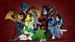 Size: 3000x1688 | Tagged: safe, artist:teelastrie, derpibooru import, oc, oc only, oc:cookie, oc:dust, oc:fran, oc:lex, oc:mr.rich, oc:nub, oc:redwix, oc:shoko milk, oc:sugarstar, oc:teelas, bat pony, changeling, earth pony, pegasus, pony, unicorn, zebra, christmas, clothes, collar, high res, holiday, scarf, simple background