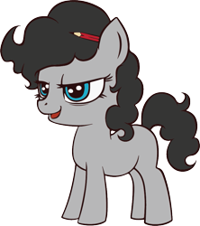 Size: 749x844 | Tagged: safe, anonymous artist, artist:saby, derpibooru import, oc, oc only, oc:silver tongue, earth pony, /mlp/ weekly pony collab, curly hair, curly mane, female, filly, pencil behind ear, simple background, smiling, smirk, solo, standing, transparent background