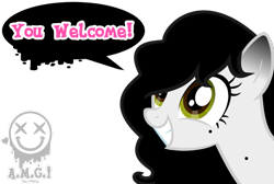 Size: 835x561 | Tagged: safe, artist:amgiwolf, derpibooru import, oc, oc only, oc:amgi, earth pony, bust, earth pony oc, eyelashes, female, grammar error, grin, mare, simple background, smiling, solo, talking, transparent background