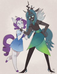 Size: 1340x1758 | Tagged: safe, artist:drmedrick, derpibooru import, queen chrysalis, rarity, anthro, changeling, changeling queen, unguligrade anthro, unicorn, blushing, clothes, eye contact, female, hand on chin, hand on hip, horn, lesbian, looking at each other, mare, purple mane, purple tail, raised leg, rarilis, shipping, simple background, smiling, white background, white coat, wings