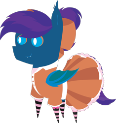 Size: 5699x6073 | Tagged: safe, artist:tikibat, derpibooru exclusive, derpibooru import, oc, oc only, oc:stardust, oc:stardust(cosmiceclipse), bat pony, pony, bat pony oc, bat wings, bow, clothes, crossdressing, dress, ear fluff, ears, fangs, hair bow, male, membranous wings, ponytail, simple background, slit eyes, socks, solo, stallion, striped socks, transparent background, wings